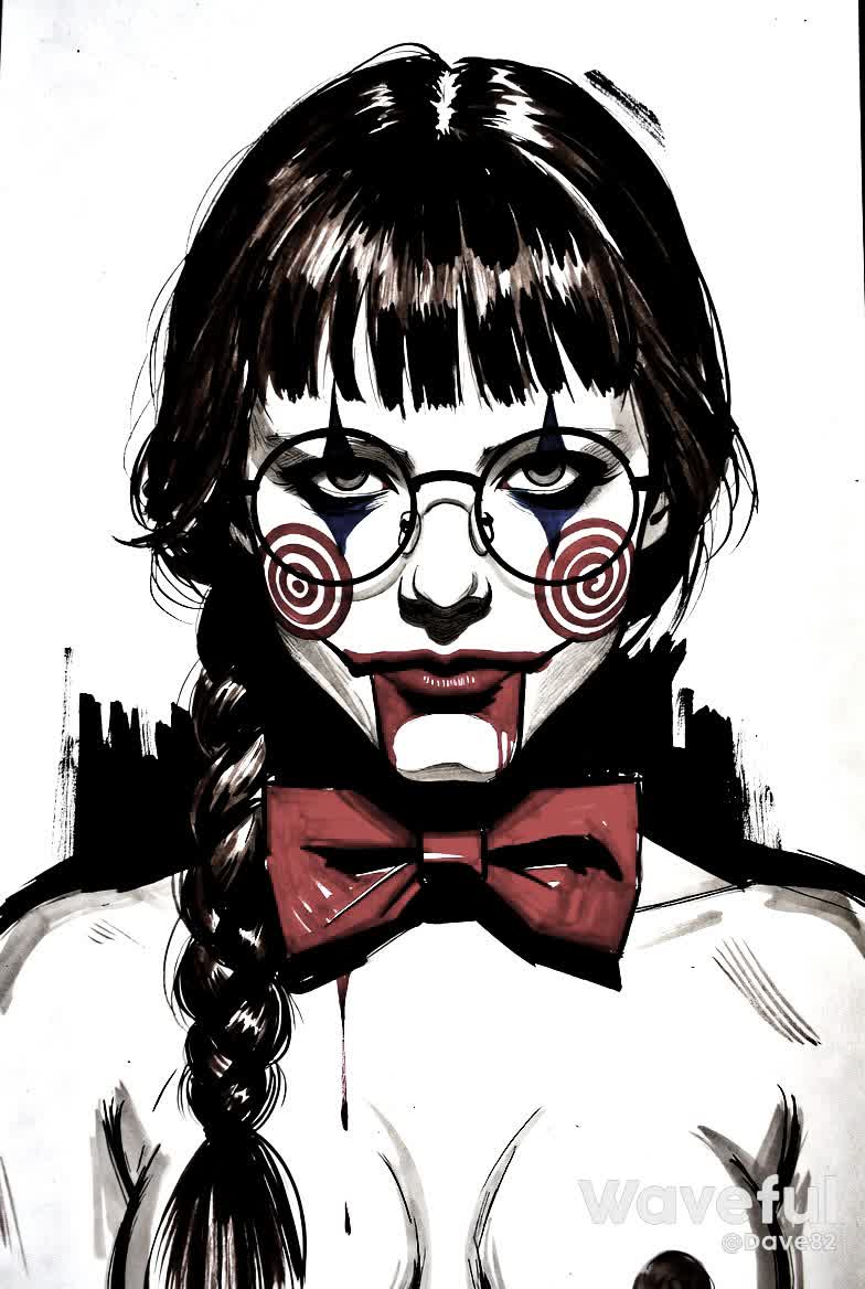  The image features a woman with a bow tie and glasses, wearing a clown face. She has a red bow tie and is painted with a clown makeup. The woman is looking at the camera, and her face is covered in clown makeup, giving her a unique and creepy appearance.