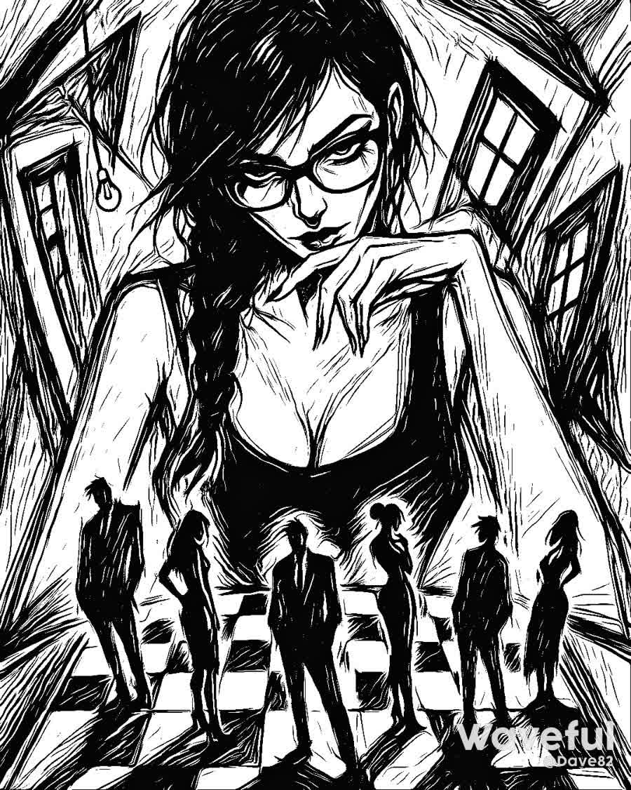 The image features a woman with glasses, wearing a black dress, standing in the center of a chessboard. She appears to be the focal point of the scene. Surrounding her are five other people, each wearing a suit and tie, positioned at various points around the chessboard. The scene gives off a vibe of a chess game or a gathering of people in a room.