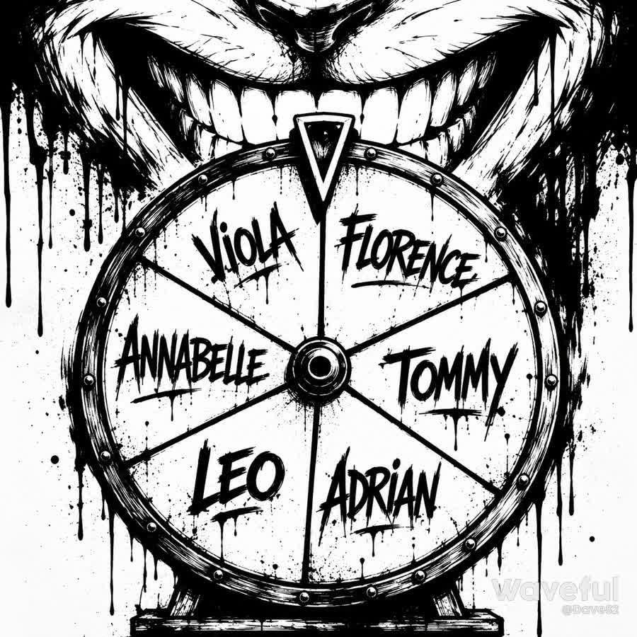  The image features a large wheel with the names of six people written on it. The wheel is positioned in the center of the scene, and the names are arranged around it. The names are written in a cursive style, giving the impression of a vintage or artistic design. The wheel appears to be a central element in the image, possibly representing a game or a creative art piece.